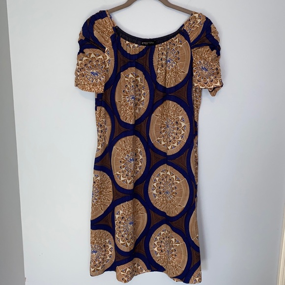 Etcetera Royal Blue & Beige Short Sleeve Cotton Shift Dress Size: 0 - Picture 7 of 12